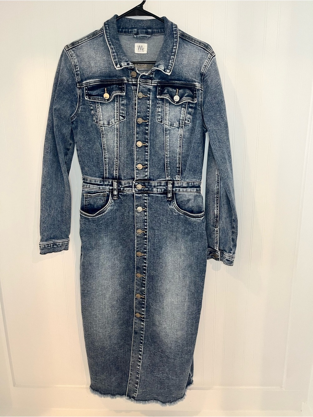 Denim Button-Front Midi Dress in Washed Blue